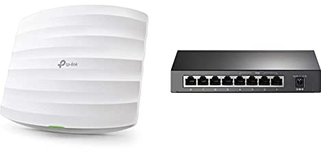 TP-Link Omada EAP225 Point d'accès WiFi 5 AC1350 planfonier, 2 Ports Ethernet Gigabit Support PoE+, Itinérance Transparente, Omada Mesh & PoE Switch 8-Port Gigabit, 4 PoE+ Ports up to 30 W