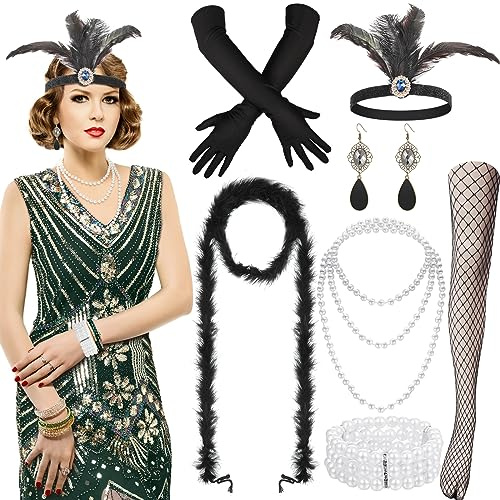 Blulu 9 Stück 1920er Jahre Damen Flapper Kleid Kostüm Set V Ausschnitt Pailletten Perlen Swing Fransen Kleid mit Roaring 1920er Jahre Accessoires (Grün, L)