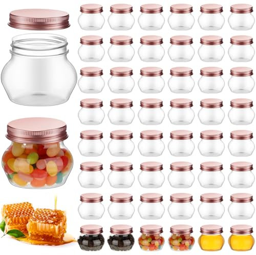 48 Pcs 4 oz Clear Plastic Jars with Lids Wide Mouth Mason Canning Jars Mini Storage Containers Bulk for Herb Jelly Wedding Favors Shower Party Favors (Rose Gold)