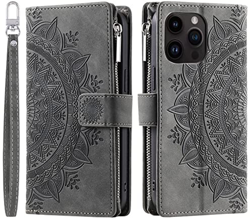 VEEMOS Handyhülle für iPhone 13 Pro Max hülle Klappbar Blumen Handytasche Schutzhülle Klapphülle mit Kartenfach Handy Tasche Book Cover Flip Case Ständer - Grau