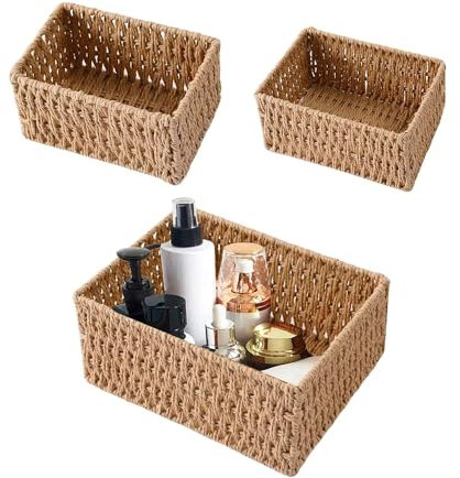 GSIUN Aufbewahrungskorb Geflochten 3er set, Körbe Geflochten Mit Papierkordel Geflochten, Drei verschiedene Größen von Körbchen, Rattan Korb für Schubladen, Tischplatten, Kommoden, Küchen, Wohnzimmer