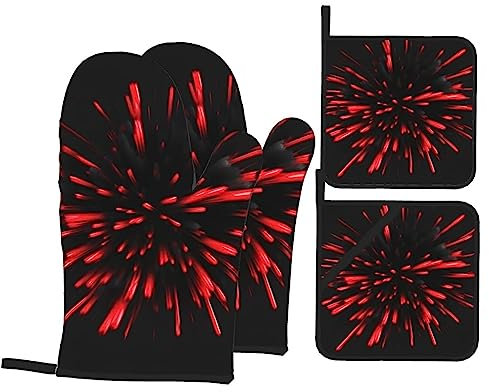 4-teiliges Set mit rutschfesten Handschuhen und Grillhandschuhen, isolierten Ofenhandschuhen und Stoffhaltern, ideal zum Kochen und Backen, Explosion Burst, Rot und Schwarz