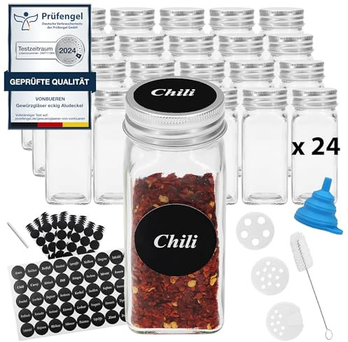 VonBueren Gewürzgläser eckig 24 x 120 ml | Gewürzbehälter mit Streueinsatz | spice jars glas | Gewürzstreuer aus Glas