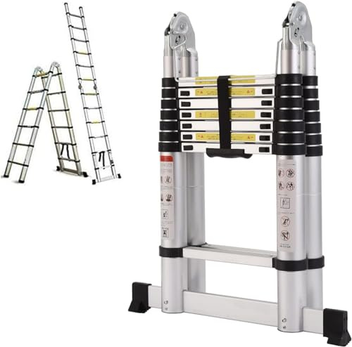COOCHEER Échelle télescopique 5M Multifonction utilisable comme échelle d'appui et coulissante, échelle des Deux côtés, Charge maximale 150 kg, Argent Noir