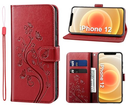 KRAFTCARE Lederhülle kompatibel mit iPhone 12 Hülle, Flip Wallet 12 Pro Handyhülle mit Kartenfach Ständer Premium PU Leder Klapphülle Schutzhülle für iPhone 12/12 ProRot | Premium PU Leder mit Prägung, Kartenfach, Ständer, Magnetic Closure, RFID Blockierung, Flip Wallet Handyhülle, Rot