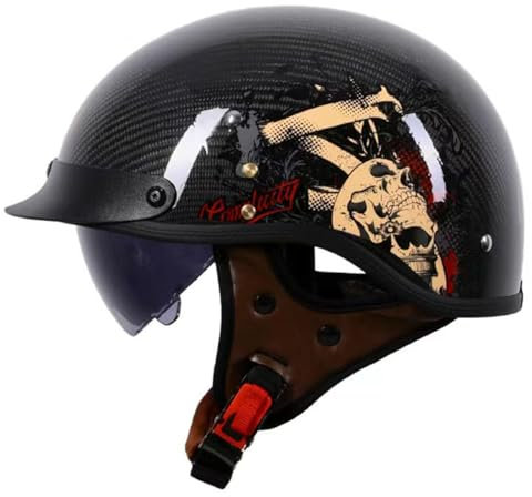 Vintage Casco Moto Jet Fibra Carbonio,Mezzo Casco Stile Tedesco Caschi Cromwell Omologato ECE Casco Scodella Portatile Con Visiera Parasole Per Uomo Donna Cruiser Scooter 1,XXL:63-64CM