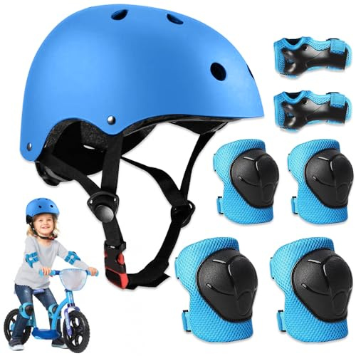 mizikuu Casco Bici Bambino, 7 in 1 Set di Protezioni Regolabile Gomitiere Polso Ginocchiere caschi di protezione per Skateboard Pattini in Linea Bicicletta Protezione 3-7 Anni Bambina, Blu