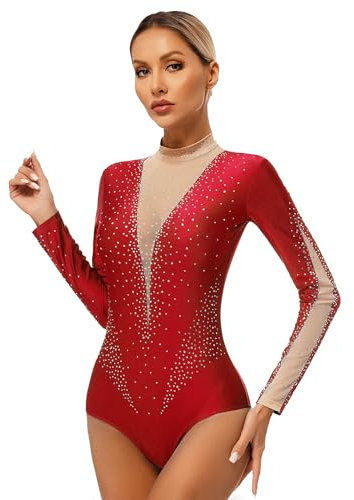 JEATHA Damen Glitzer Body Gymnastikbody mit Strass Langarm Turnbody Trikot Leotard Ballettbody Skating Tanz-Body für Gym Tanz Eiskunstlauf G Rot S