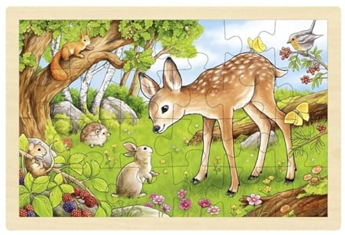 goki 57325 - Einlegepuzzle Rehkitz und Waldbewohner aus Holz– Fördert Fantasie und Feinmotorik bei Kindern, 30cm x 20cm, 24-er Set, ab 3 Jahre
