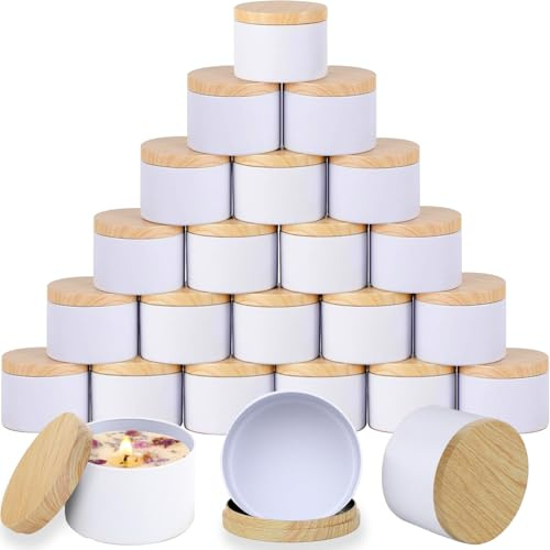 ABK 24PCS 4oz White Candle Tins With Wood Grain Lids, Matte Jars for Candle Making, Empty Metal Container