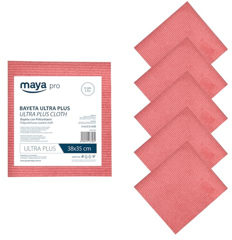 Maya - Bayetas de Microfibra | 38x35 cm | Pack de 5 Paños Ultra Plus Antibacterias y Antical para Limpieza de Cocina, Cristales y Acero Inoxidable sin Rayas (Rojo)