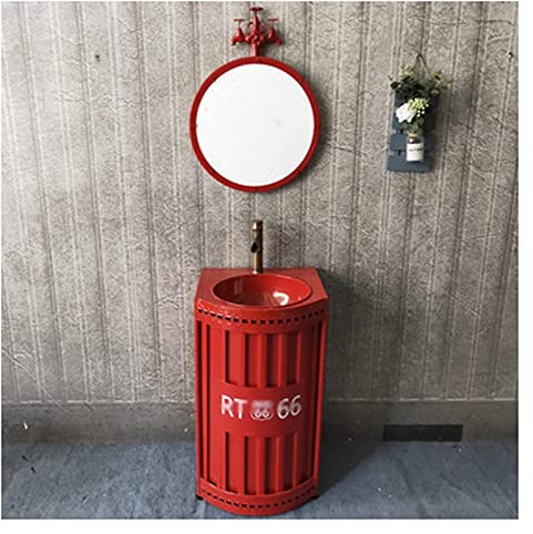 ASerZenith Mobile lavabo da Bagno Indipendente con piedistallo Art Hotel Home Mobile lavabo in Stile Industriale con lavabo, Mobile lavabo da Bagno con piedistallo sotto Il lavandin(Red-with Mirror)