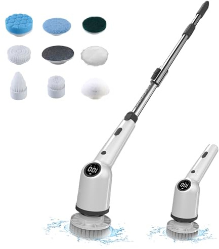 Electric Spin Scrubber 360 Degrees Power Brush with 8 Replaceable Heads Adjustable Extension Arm for Bathroom Floor Shower Bathtub (Black)