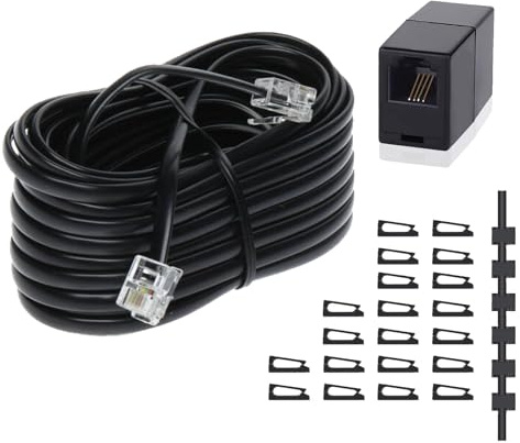 HAWAKA Phone Extension Cord 10 Metres, 33 Feet Long Telephone Cable with Standard RJ11 Plug and 1 in-Line Couplers and 20 Cable Clip Holders