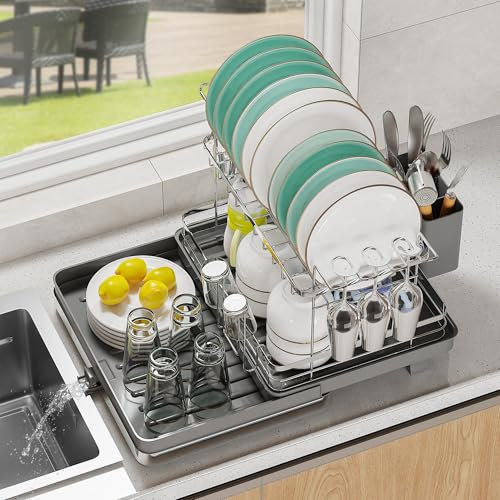 SUSTEAS 3 Tier Expandable Dish Drainer Rack with Drip Tray, Spacious Kitchen Dish Drying Rack for Crockery,Adjustable Draining Board Rack with Drainage Spout, Cup Holder and Utensils,Grey