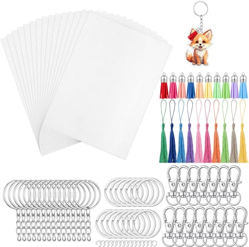 auroray 95 Pcs Shrinky Plastic Sheets, 15PCS Shrinky Paper7.87 * 5.7in,60PCS Keychains and Key Ring, 20Pcs Tassels for Crafts,Bookmarks Making