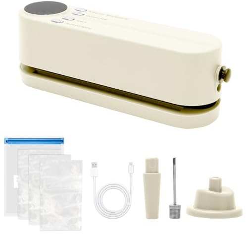 Mini sellador al vacío, 60 KPA con 3 niveles de temperatura, recargable, sellado al vacío para alimentos, sellador al vacío portátil con 5 bolsas de vacío para almacenamiento fresco (beige)