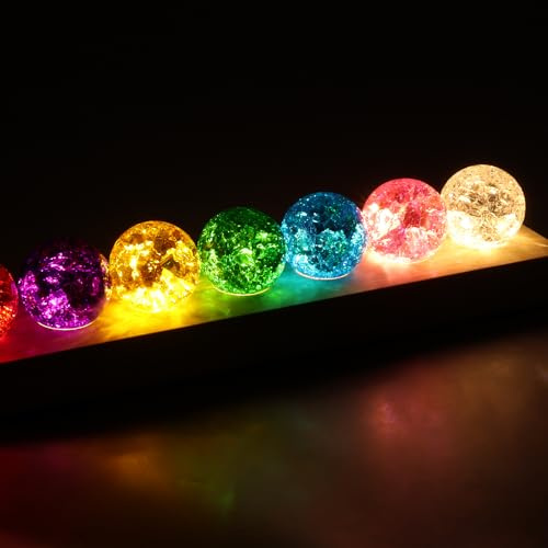 7 Farbige Kristallkugel Nachtlicht,40mm Eis Riss Kugeln mit LED-Holzsockel,360° Drehbar,Fantastische Sternkugel aus Farbigem Glas,Dekoration für Zuhause,Zimmer und Büro,Geschenk für Freunde,Lehrer(A)