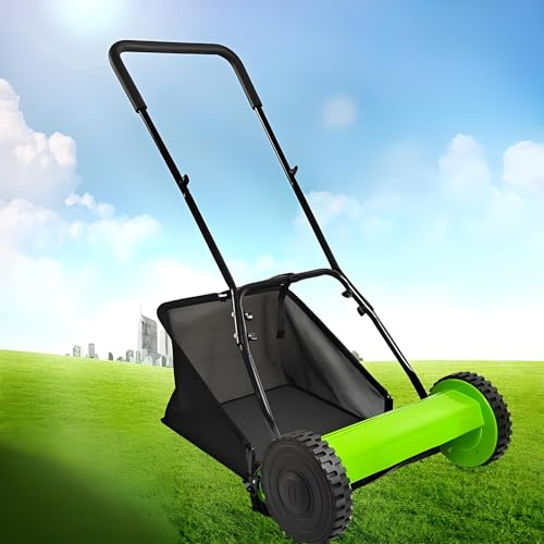 Tondeuse à gazon manuelle avec grand sac de collecte et lames en acier durable, hauteur de coupe réglable pour un entretien soigné et efficace de la pelouse, pas d'électricité nécessaire