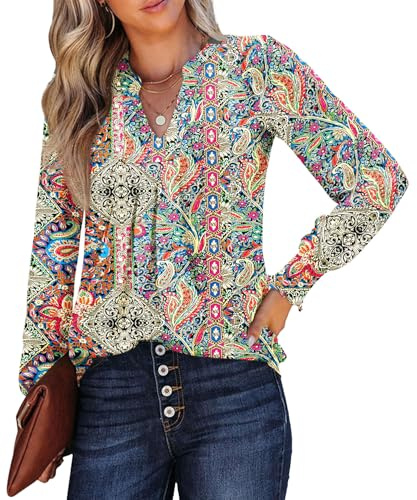 Rapbin Womens Tops Loose Fit Casual Work Blouses Puff Long Sleeve Casual V Neck Shirt Basic T Shirts(Ethnic Print,XL)