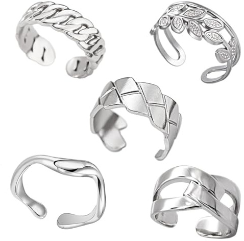JYNXOR 5 Pcs Ringe Silber Set für Damen Edelstahl Knuckle Ringe Stapelbare Fingerring Offene Verstellbarer Ringe für FrauenVintage Boho Midi Ringe Set Minimalistischer Fingerringe Damenring Set Silber