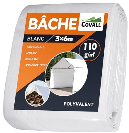 COVALL 3x6 m Lona Impermeable Exterior PE 110g/m², Lona de Protección Toldo con Ojales de Aluminio, Duradera Resistente a Los Rayos UV Desgarros, Multiusos para Muebles Jardín Piscina Coche, Blanco