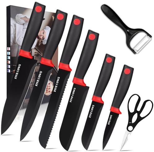 FIVE COWS Küchenmesser-Set, 8-teilig, Küchen Messerset ink. Sparschäler, Küchenschere und Brotmesser, Edelstahl, Kochmesser Profi Messer, Fleischmesser Extrem Scharf, Geschenk zum Einzug