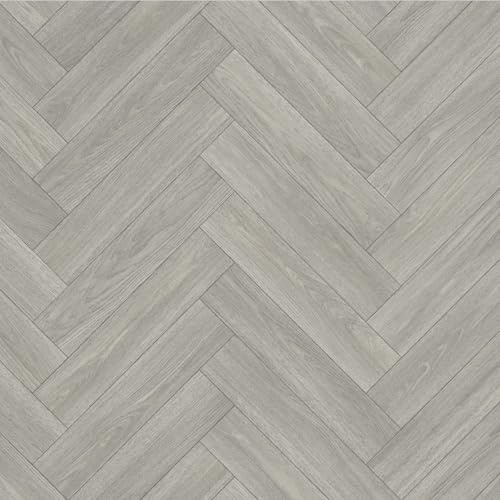 Lino Vinyl Flooring Roll, Grey Oak Herringbone Parquet, Anti-Slip Lino, Bathroom, Kitchen, 2m-3m Width (1m x 2m)