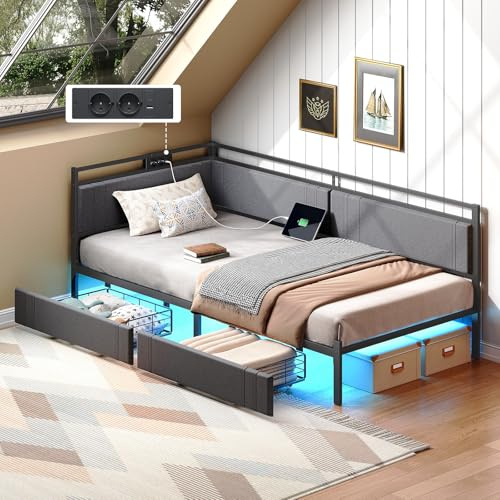 HOOBRO Sofá Cama de 90 x 200 cm con 2 Cajones, Estructura con Acolchado, Somier de Láminas con Base de Carga e Iluminación LED Ajustable, para Dormitorio, Gris y Negro EBG81CDBF01
