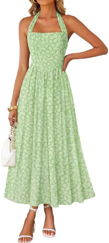 ZESICA Women's Summer Sleeveless Floral Maxi Dresses 2026 Halter Neck Wedding Guest Cocktail Party Flowy A Line Long Dress Light Green Small