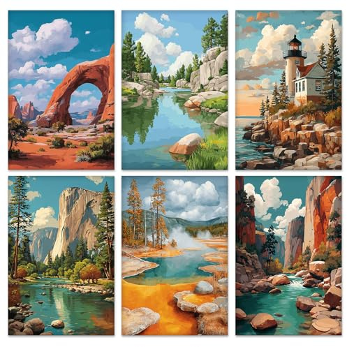 QENSPE 6er-Pack Malen nach Zahlen Set, Gespannte Leinwandtafeln zum Malen für Erwachsene, Acryl-Ölgemälde für Schüler und Anfänger, ideal für Sip & Paint-Partys, Nationalpark Natur Landschaft 20x30 cm
