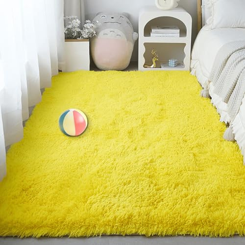 PSHCEE Flauschiger Teppich 100 x 140 cm mit rutschfest Unterseite Hochflor Wohnzimmer Teppich Waschbar Und rutschfest für Schlafzimmer Kinderzimmer, Bettvorleger Matte, Gelb