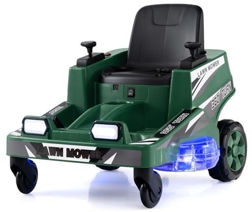 RELAX4LIFE Auto Elettrica Tosaerba a Sedile per Bambini 12V, con Sterzo a 360°, 2 Leve di Controllo e Luci LED, 2,8 km/h, Capacità 35 Kg, 3-8 Anni (VERDE)
