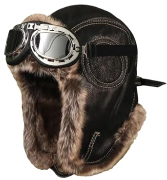 NJIEzhao Winter-Pilotenmütze Große PU-Bombermütze for Herren mit Brille, Pilotenflieger, Trapper, Kunstpelz, Leder, Schnee, Skifahren