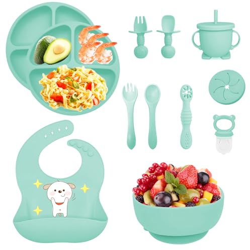 Vajilla Bebe Silicona, 12 Piezas Juegos de Vajilla Bebe Antideslizante con Platos Cuenco Babero Cuchara Bebe Taza, Cubiertos Bebe, Baby Led Weaning, Sin BPA, Cubiertos Infantiles (Menta)