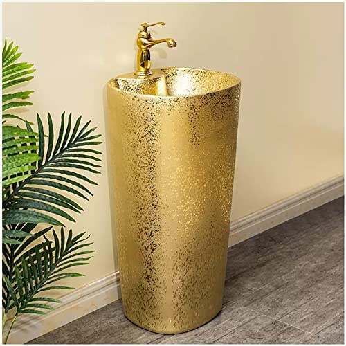 LQAIomn 31.5 Inch Tall Gold Art Washbasin Cylindrical Pedestal Bathroom Sink Hand Wash Sink Floor Standing Washbasin Unit Ceramic Light Luxury Bathroom Basin