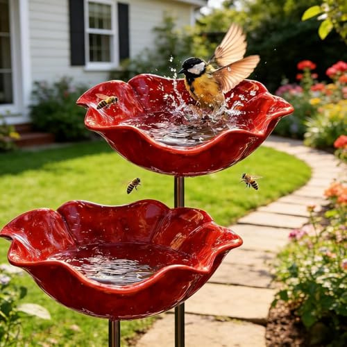 Blumen Gartenstecker Vogeltränke, 2Stk 60CM Bienentränke für den Garten, Metall Gartenstecker Vogeltränke Blume, Insektentränke Stecker für Vögel & Bienen, Metal Flower Garden Stake Bird Bath