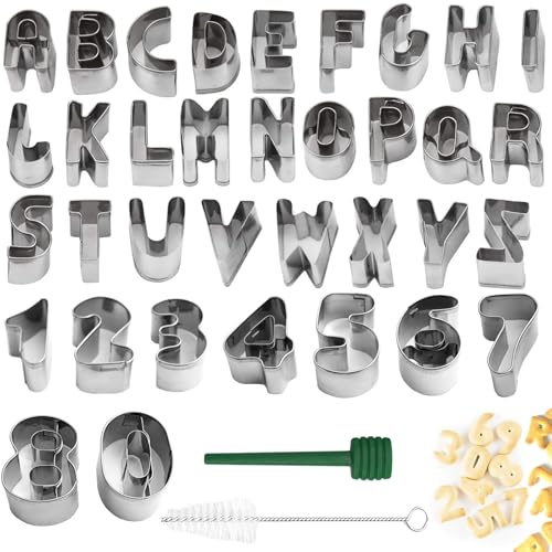 HhBdy 35 cortadores de galletas, cortadores de galletas, combinación de letras y números, cortadores de letras para fondant, cortador de repostería de acero inoxidable con herramientas de desmoldeo y