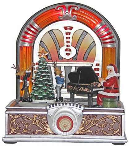 Art of the Silver Christmas Juke Box Music Box with Santa Playing the Reindeer Piano and Tree Turning 8 Melodies LED Lights 55004