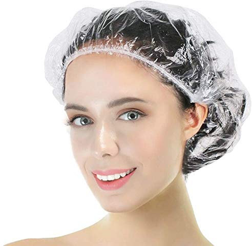 【100 Piezas】Gorros de ducha Desechable, SlickMart Gorro de Baño Elástico,Impermeables Gorros de Ducha de Plastico Transparente para Uso en el Hogar Viajes, Hotel, Spa y Peluquería