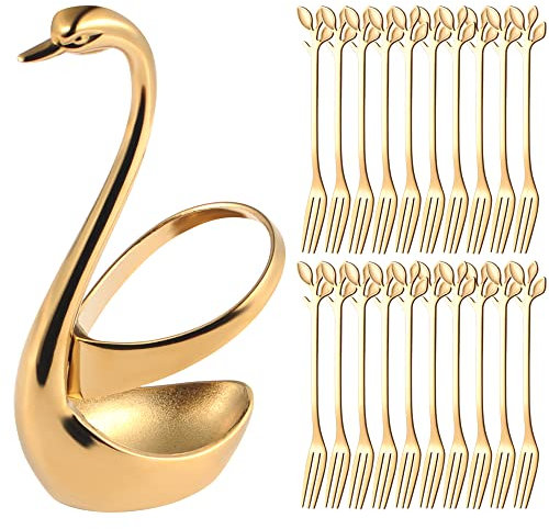 AnSaw Soporte de base de cisne dorado con 20 tenedores de postre pequeños de 4.7 pulgadas, juego de mango de hoja (dorado)