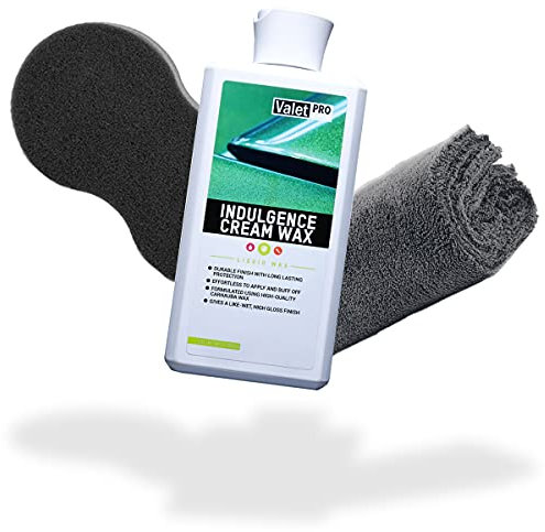 detailmate ValetPRO Wax Set: Indulgence Cream Wax 500 ml Auto Flüssigwachs für strahlenden Glanz + ValetPRO Schwammapplikator für Wachse + Mikrofasertuch 40x40 cm, 550 GSM