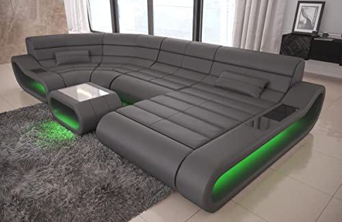 Wohnlandschaft Concept U Form Sofa in Leder - mit LED Beleuchtung, ergonomische Rückenlehnen, Recamiere/Lederfarben wählbar/Ausrichtung Ottomane wählbar (Ottomane rechts, Grau)