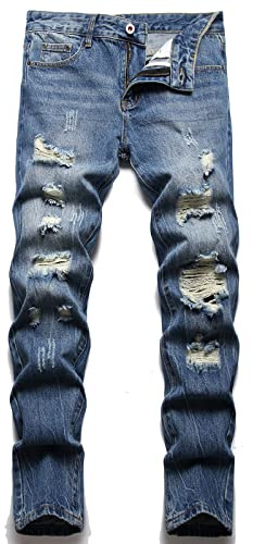 AITITIA Men's Ripped Regular Fit Jeans (42, 352 Vintage Blue)