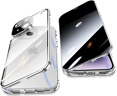 Jonwelsy Anti Peeping Hülle für iPhone 14 Plus (6.7), 360 Grad Schutz Case, Privatsphäre Gehärtetes Glas Anti-Spähen Cover, Stark Magnetische Adsorption Metallrahmen Handyhülle für 14 Plus (Silber)