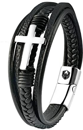Lederarmband Herren, Armband Herren Kreuz, Armbänder für Herren, Männer Geflochten Leder mit Edelstahl Magnetverschluss, Exklusiver Schmuckschatulle, Valentinstag Weihnachten Geschenke Idee