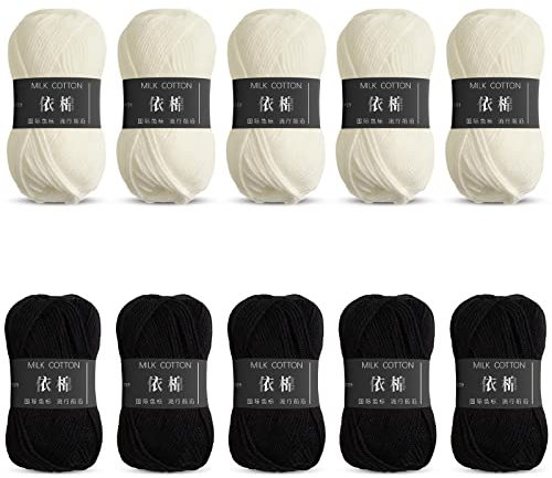 Komicea Wolle zum Stricken und Häkeln, 10 x 50g/133m Häkelwolle Garn zum Häkeln, 100% Polyacryl zum Stricken Baumwolle, Häkelgarn Handstrickgarn zum Stricken Häkeln und Bastel (Schwarz und Cremeweiß)