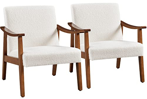 Yaheetech Fabric Accent Chair, Mid-Century Modern Armchair with Solid Wood Legs, Reading Leisure Chair with High Back for Living Room Bedroom Waiting Room, Set of 2, Ivory