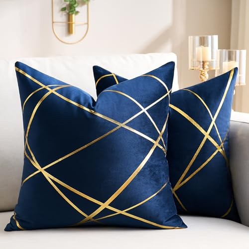 50x50 cm Samt Kissenbezüge Navy blau 2er Set Flansch Kissenhülle Dekorative Sofakissen Bronzieren Geometrische Linien Dekokissen Kissenbezüge Zierkissenbezug für Sofa Wohnzimmer Schlafzimmer