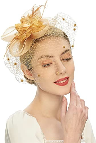 Braut-Kopfbedeckung Fascinator Hüte Frauen Tee Party Stirnband Derby Hochzeit Blume Mesh Schleier Fascinator, Gold